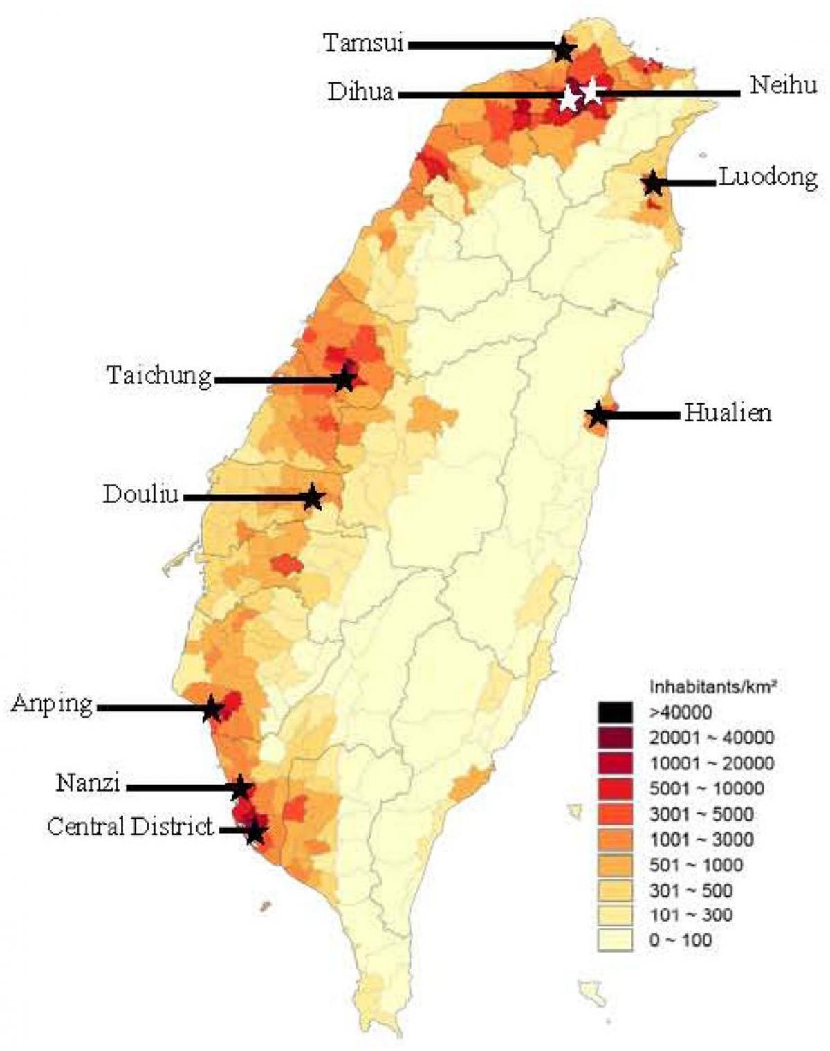 Тайвань карта плотности населения 